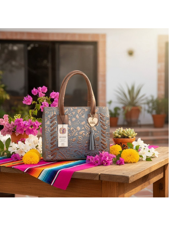 Handmade Handbags - Sunflowers Blue Gray Bronze Stitched Embossed Tooled Artisan LEATHER Bag Purse